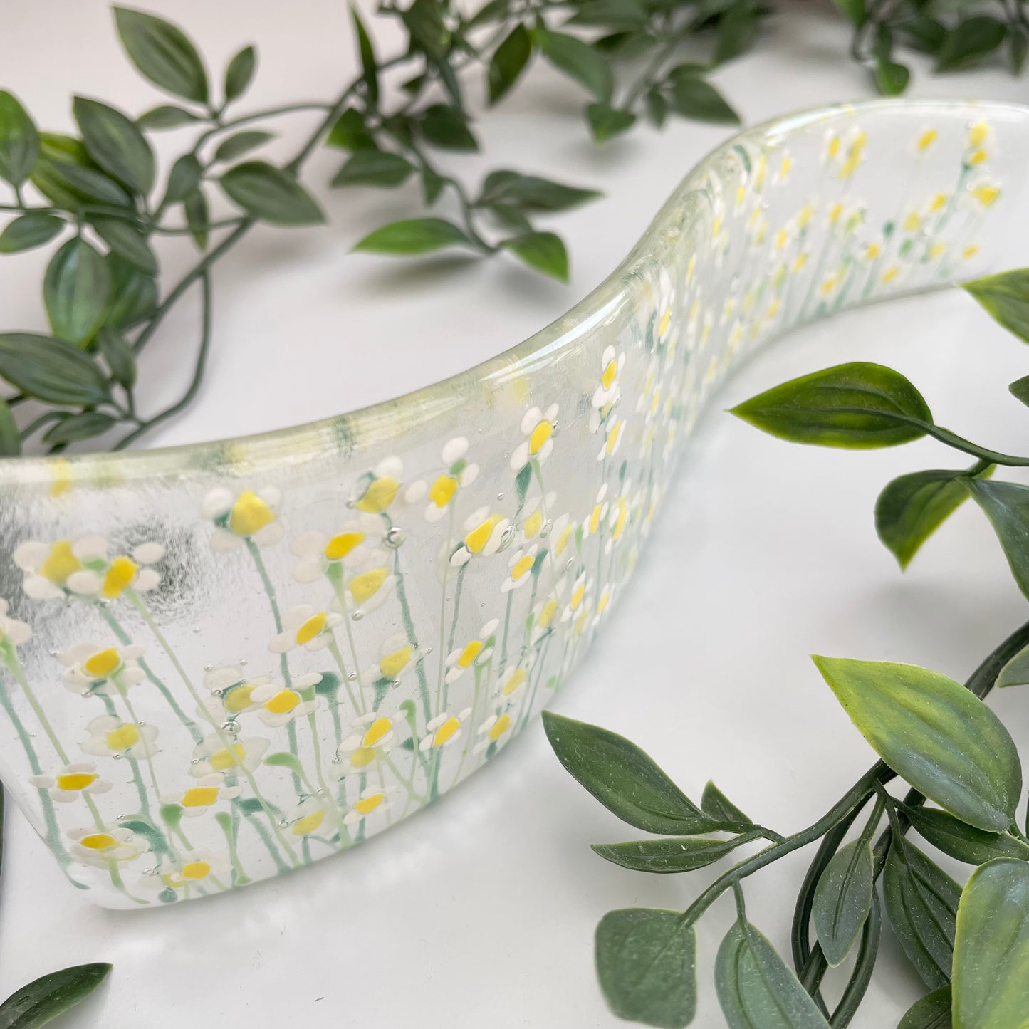 Fused glass hand painted White Daisy floral Curve