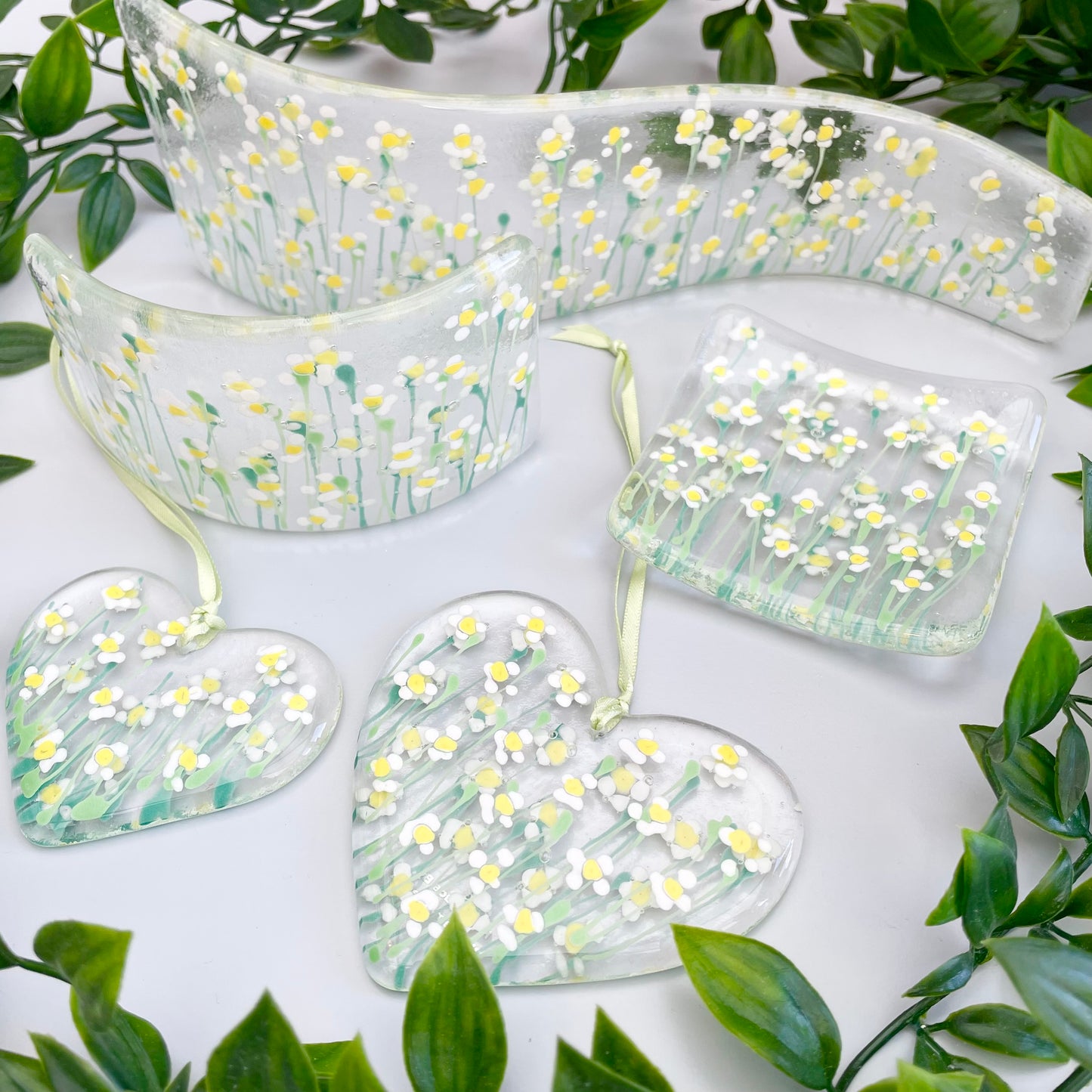 Fused glass hand painted White Daisy floral Curve