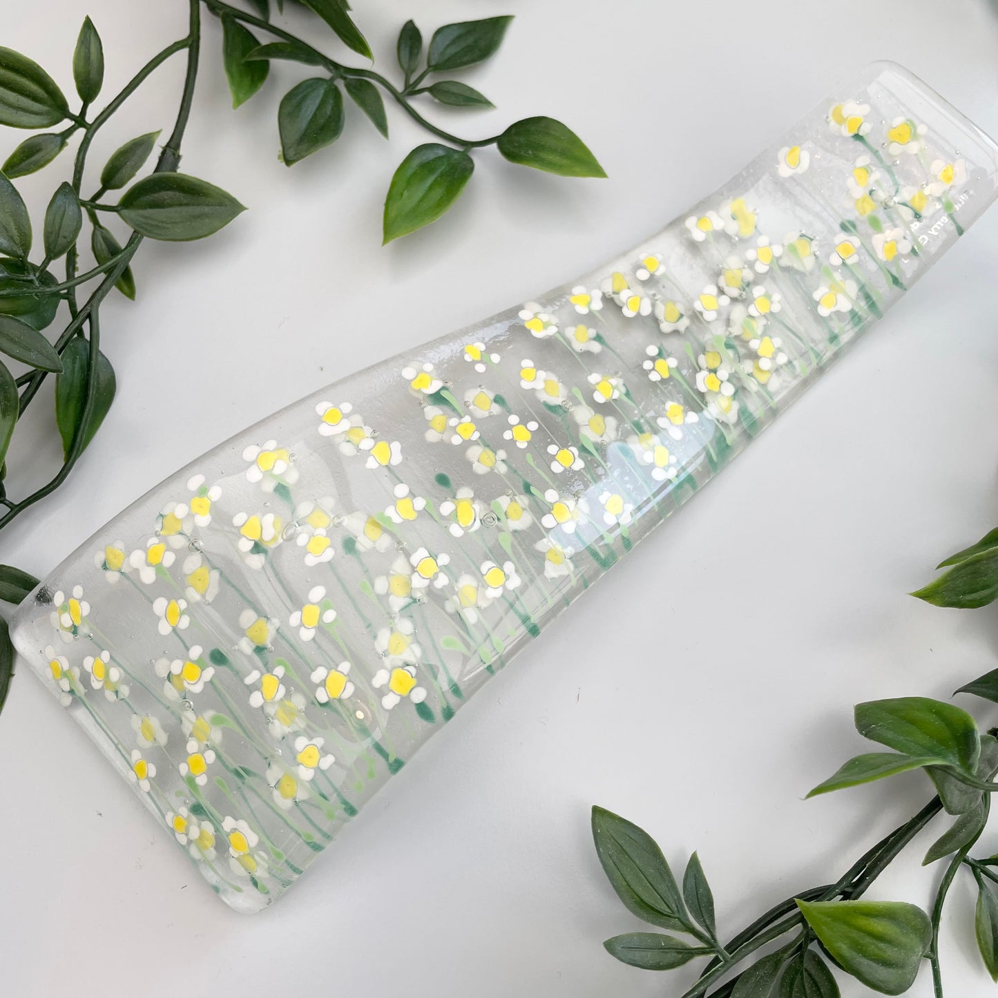 Fused glass hand painted White Daisy floral Curve