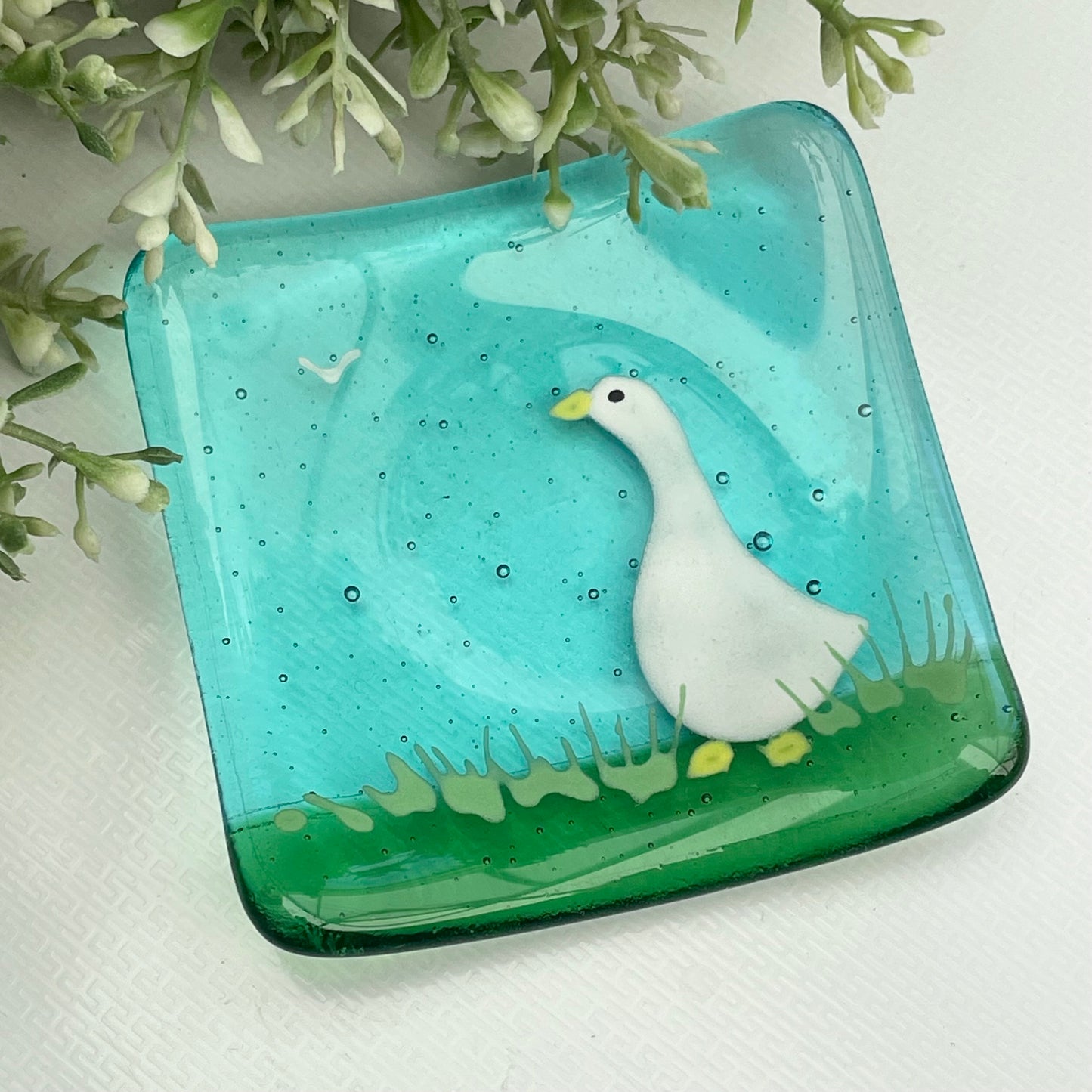 Fused glass hand painted square coaster ~ Goose