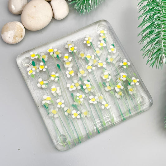 Fused Glass Coaster ~  White Daisies