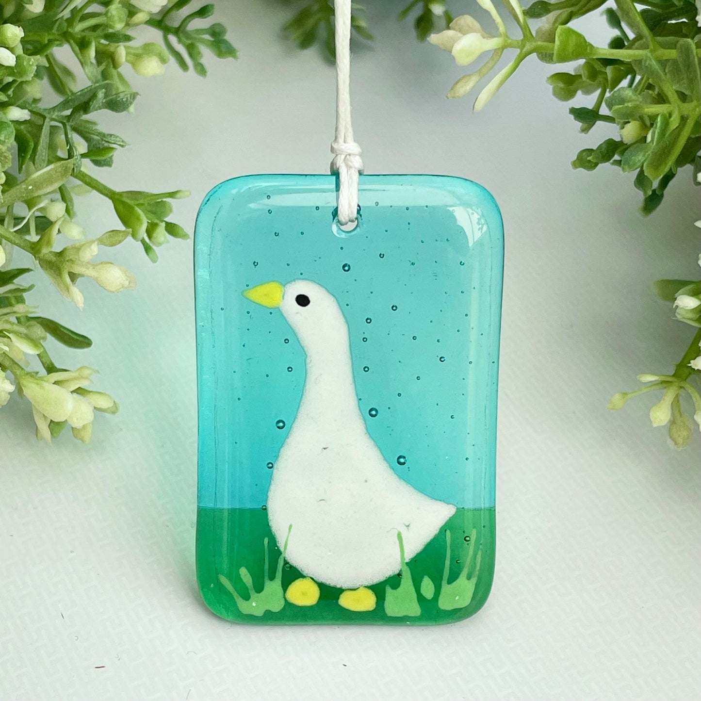 Fused glass hand painted hanger ~ Goose