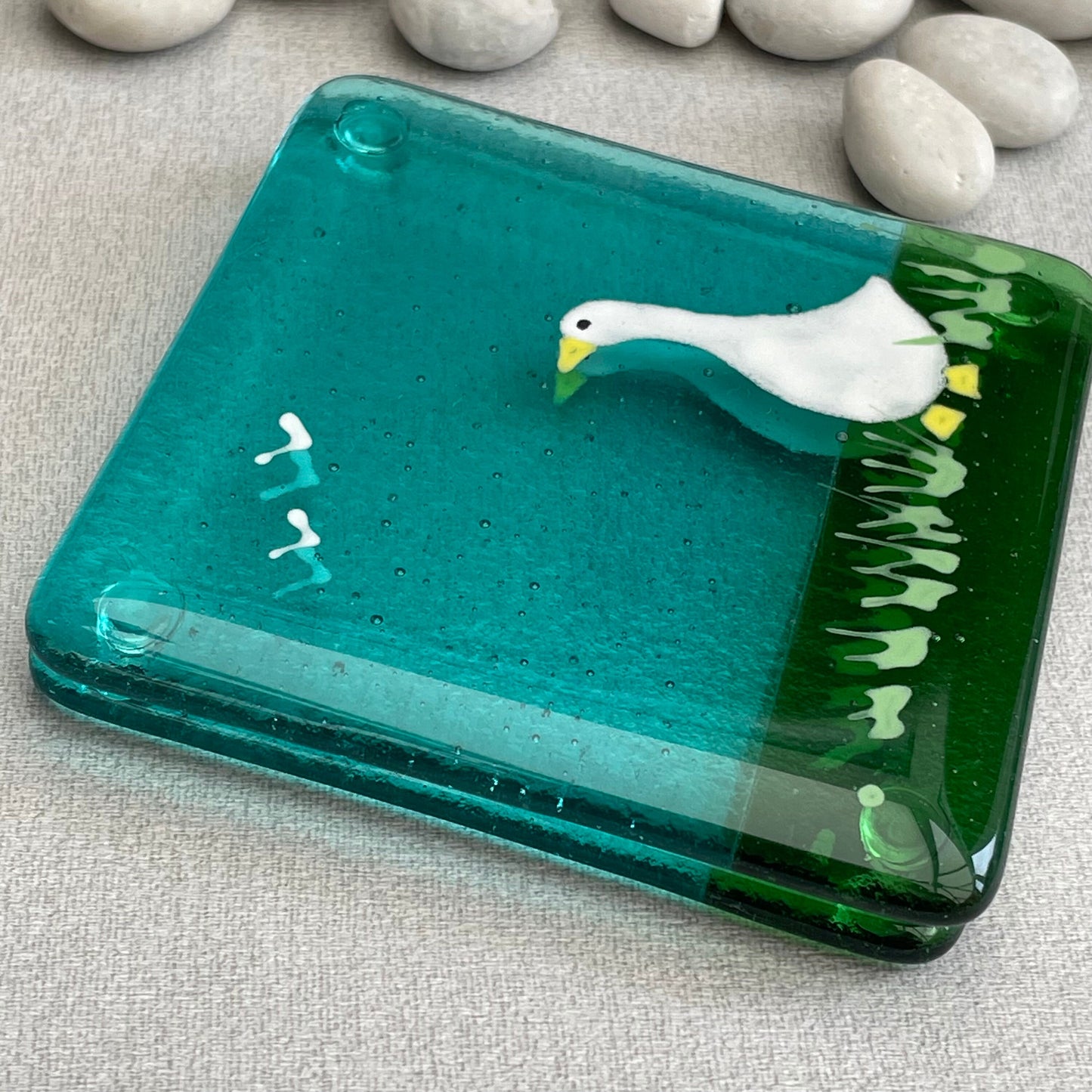 Fused glass hand painted square coaster ~ Goose