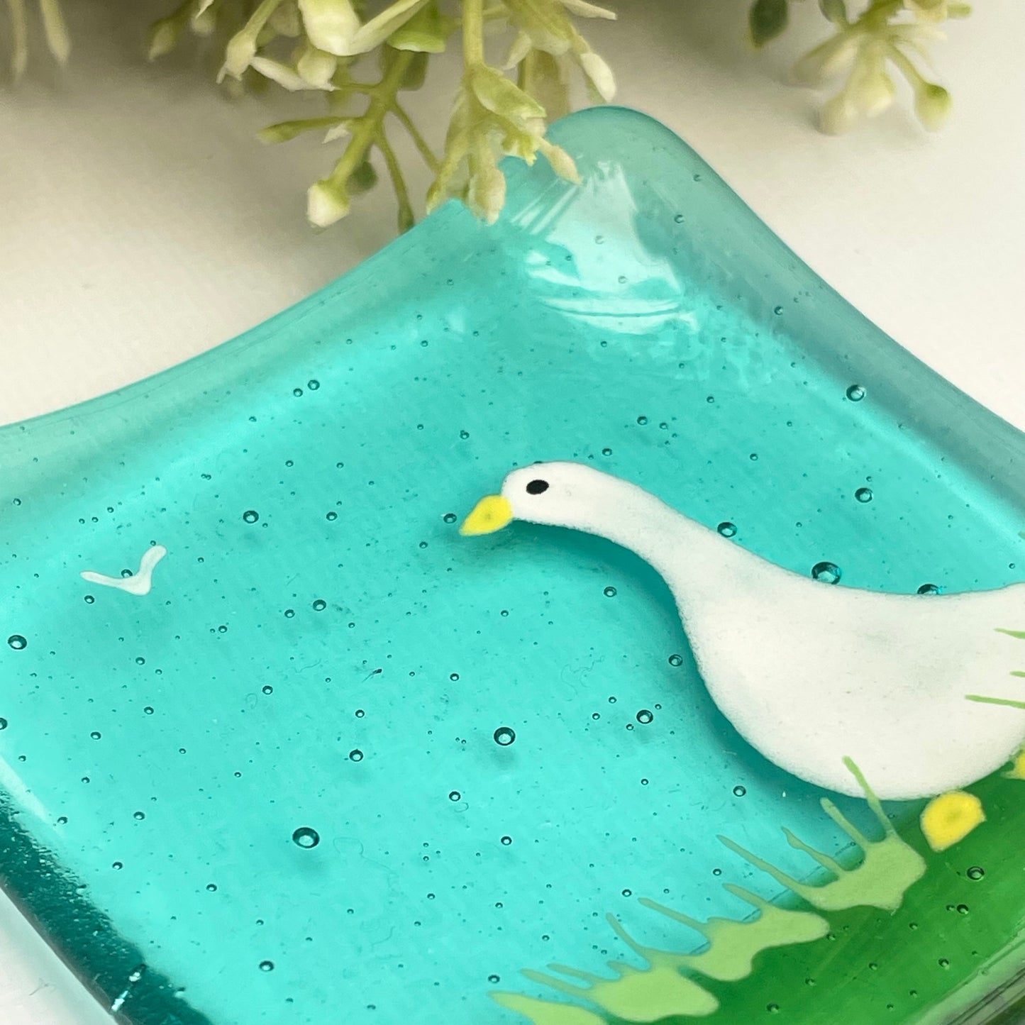 Fused glass hand painted square dish ~ Goose