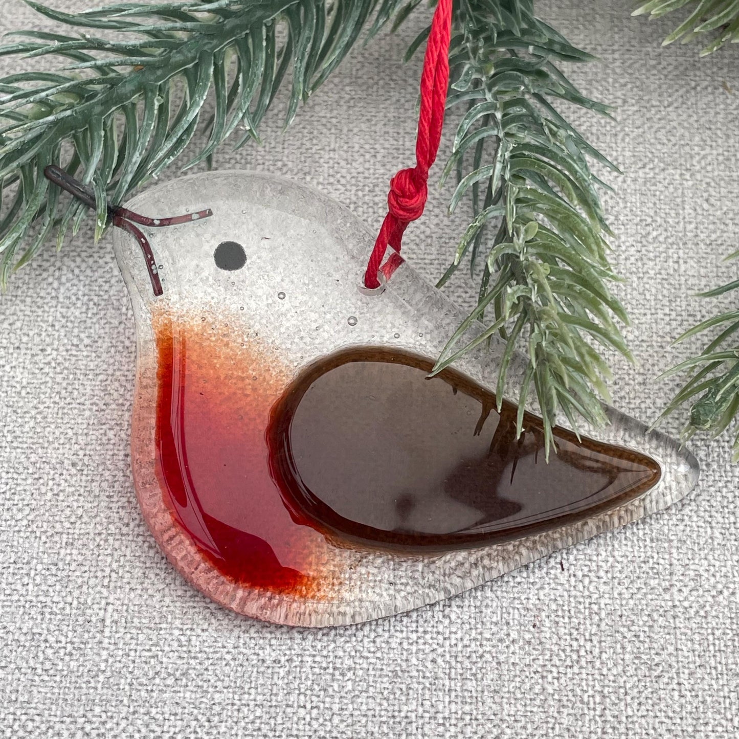 Fused Glass Robin Christmas tree decoration ~ transparent