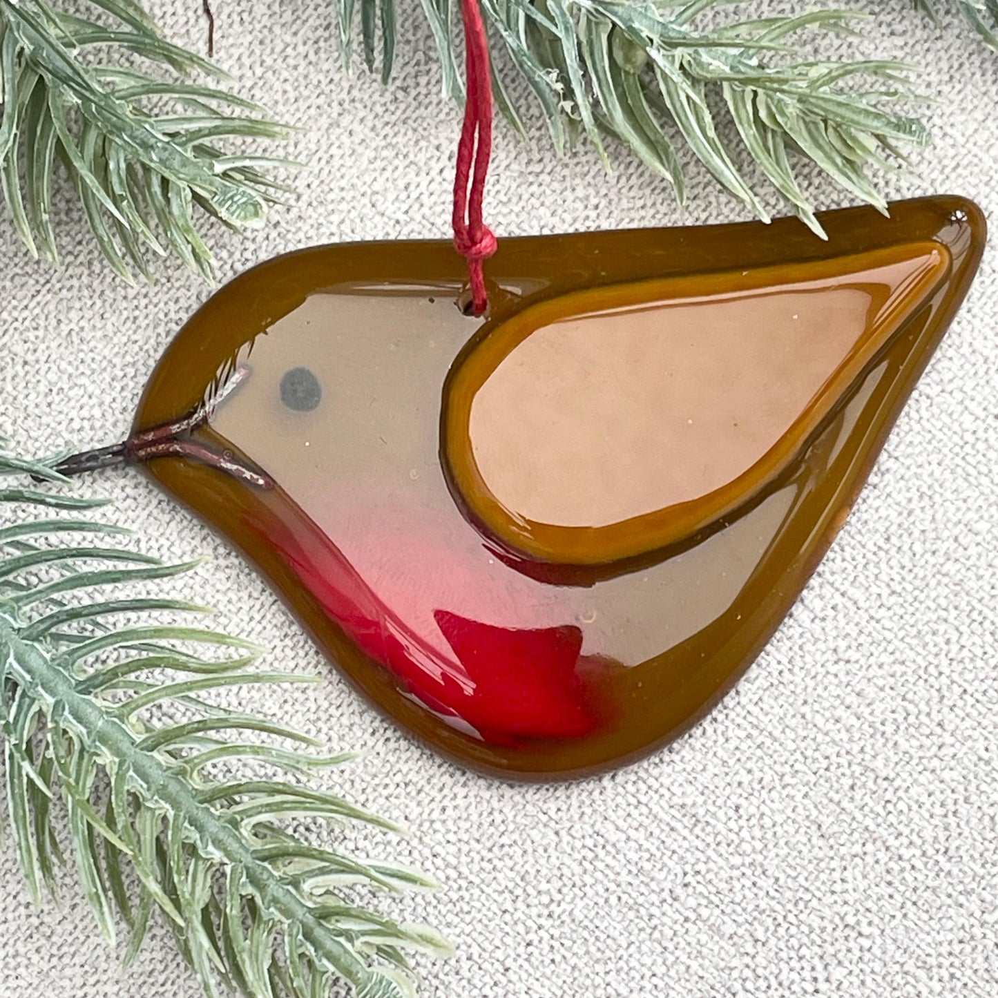 Fused Glass Robin Christmas tree decoration ~ caramel opaque