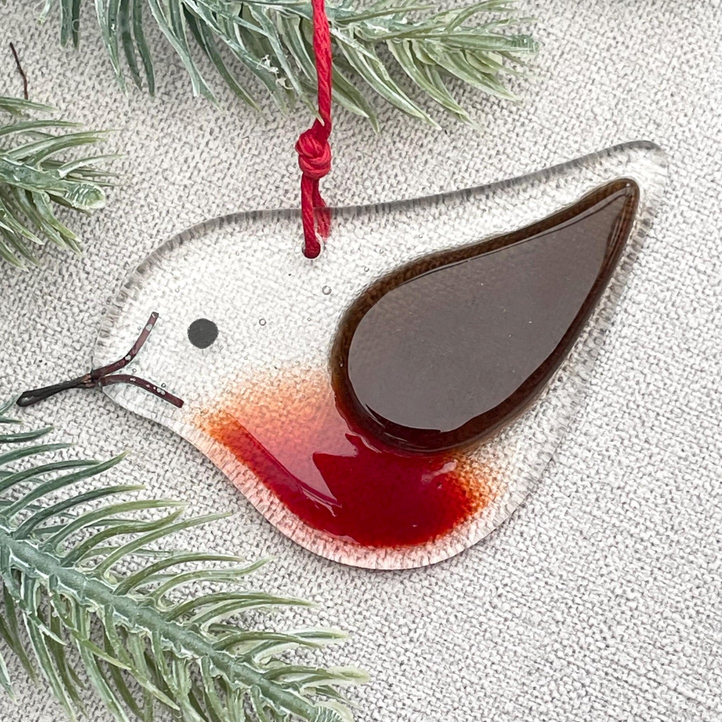 Fused Glass Robin Christmas tree decoration ~ transparent