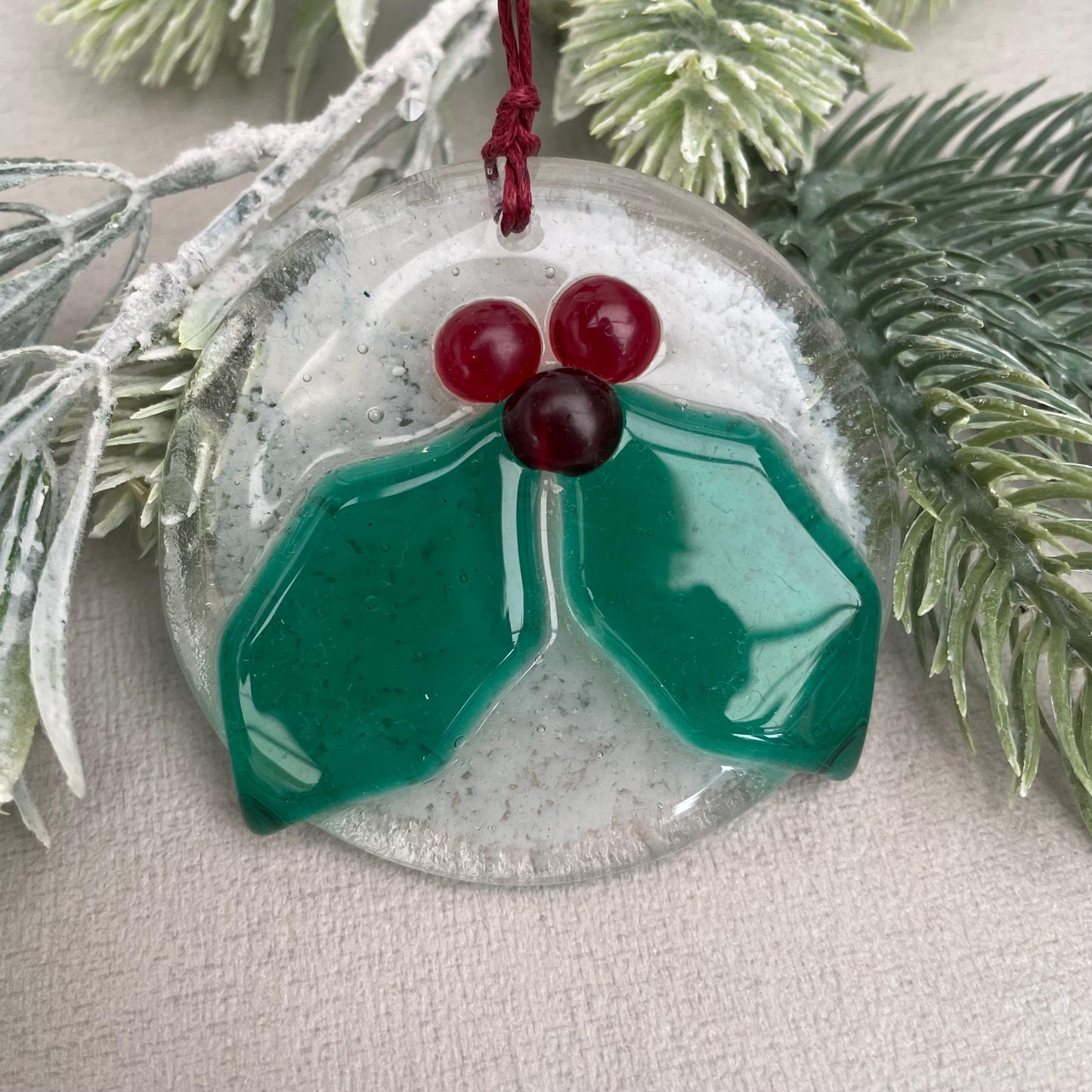 Fused Glass Christmas Tree decoration ~ Holly Bauble ~ made with reclaimed glass
