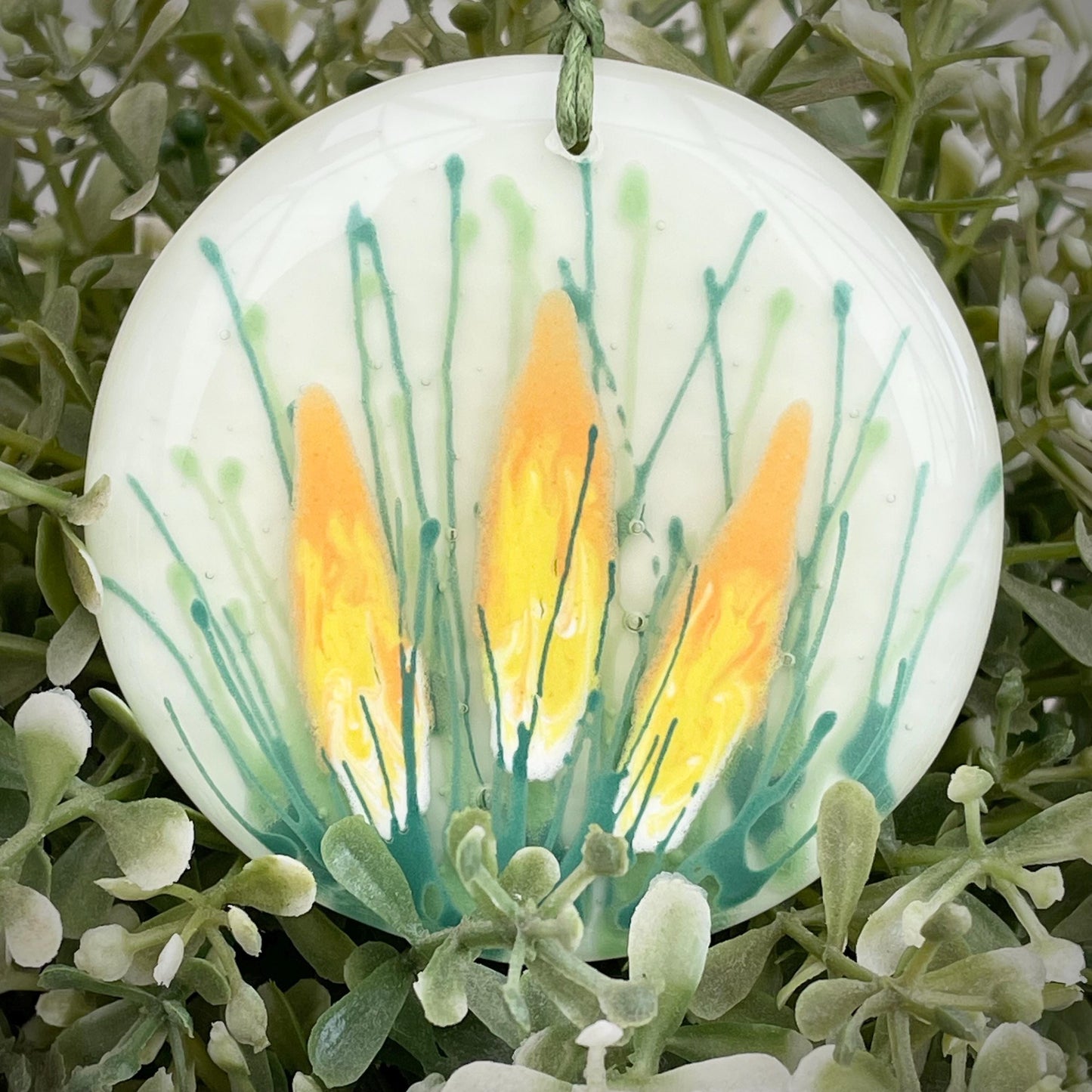 Spring Crocus - hand painted fused glass hanger - yellow gold