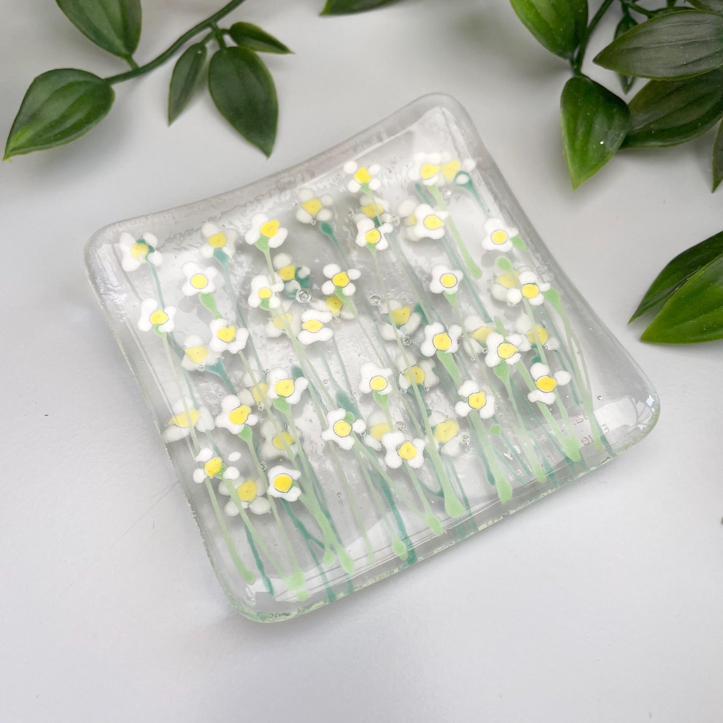 Fused glass hand painted dish ~ White Daisy