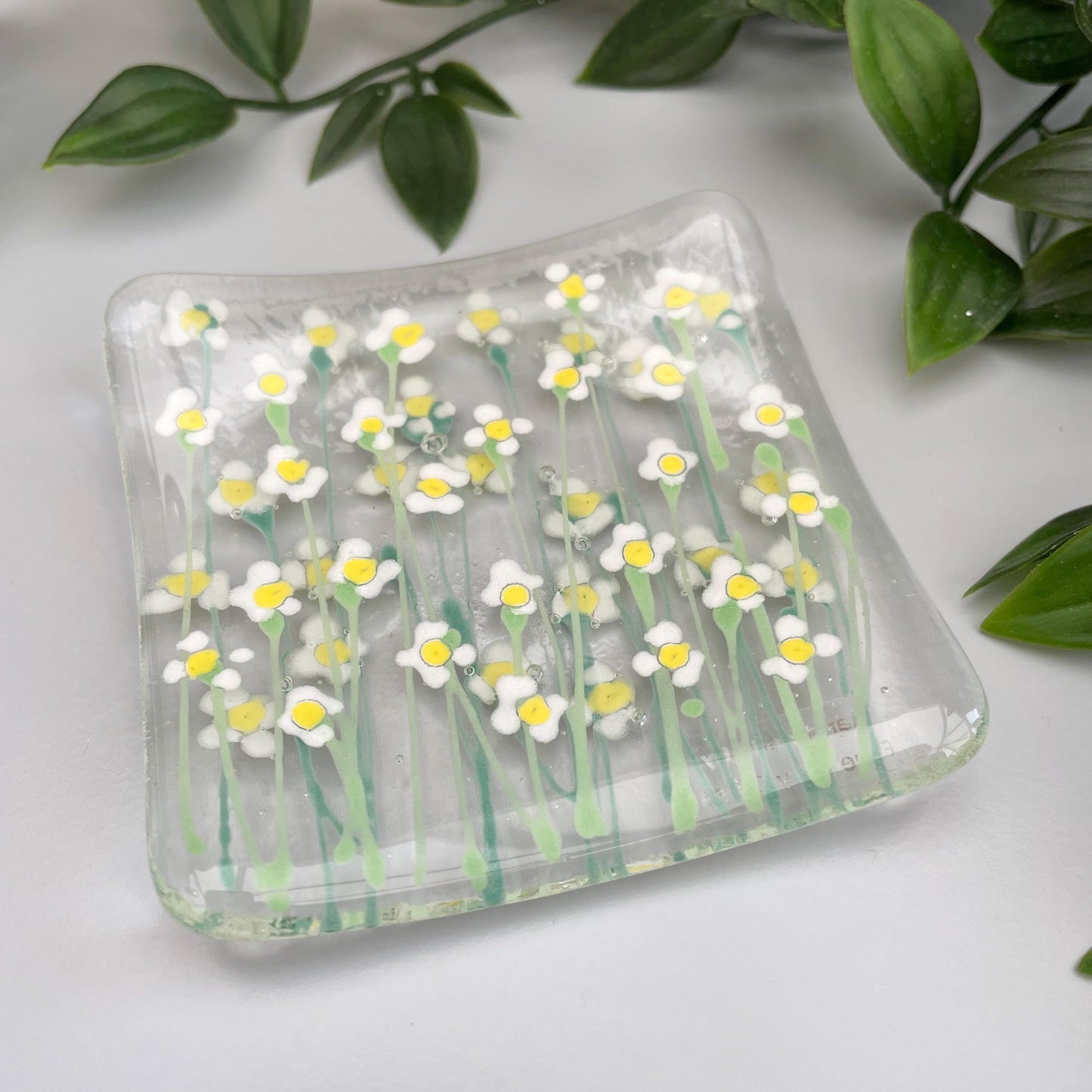 Fused glass hand painted dish ~ White Daisy