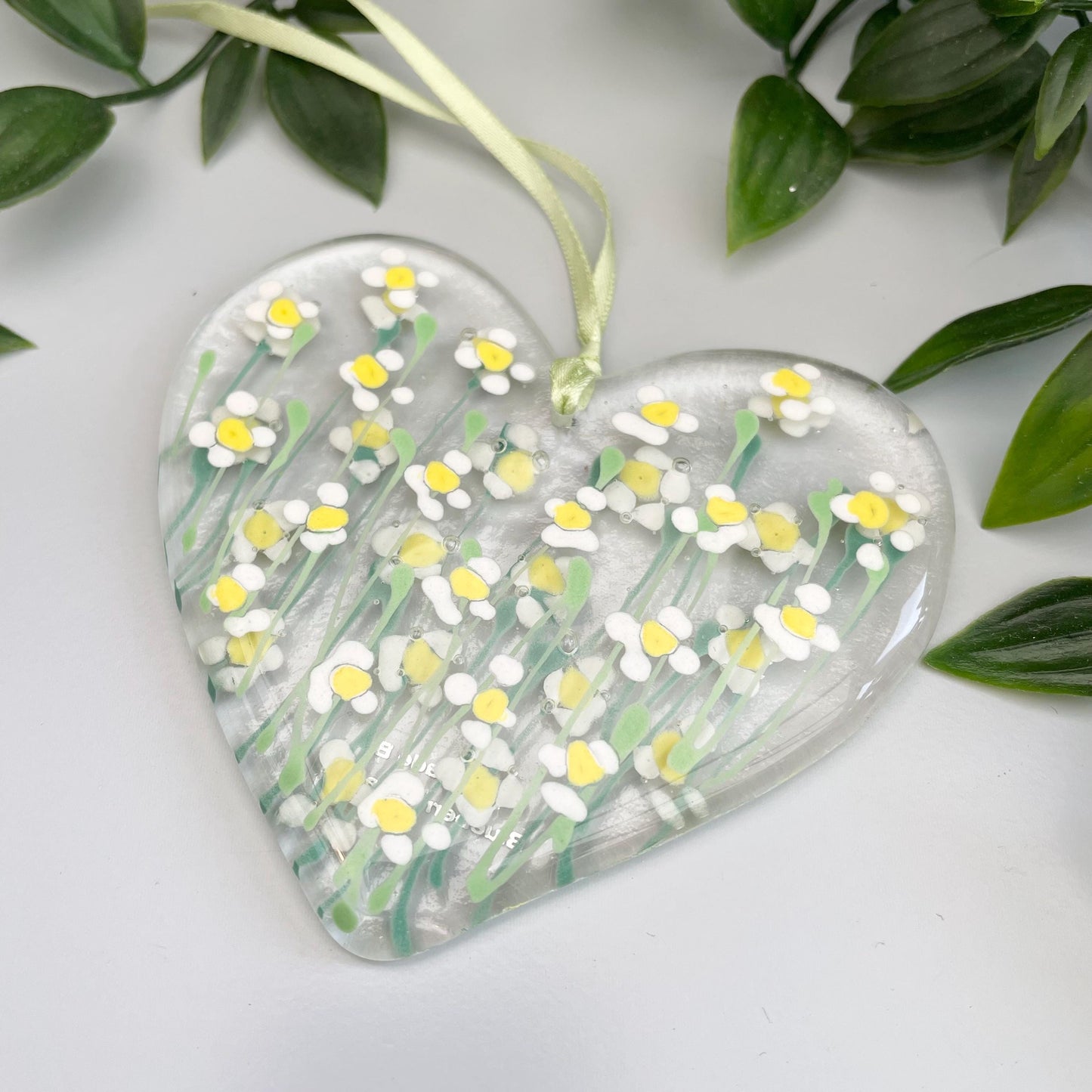 Fused glass hand painted heart hanger ~ White Daisy