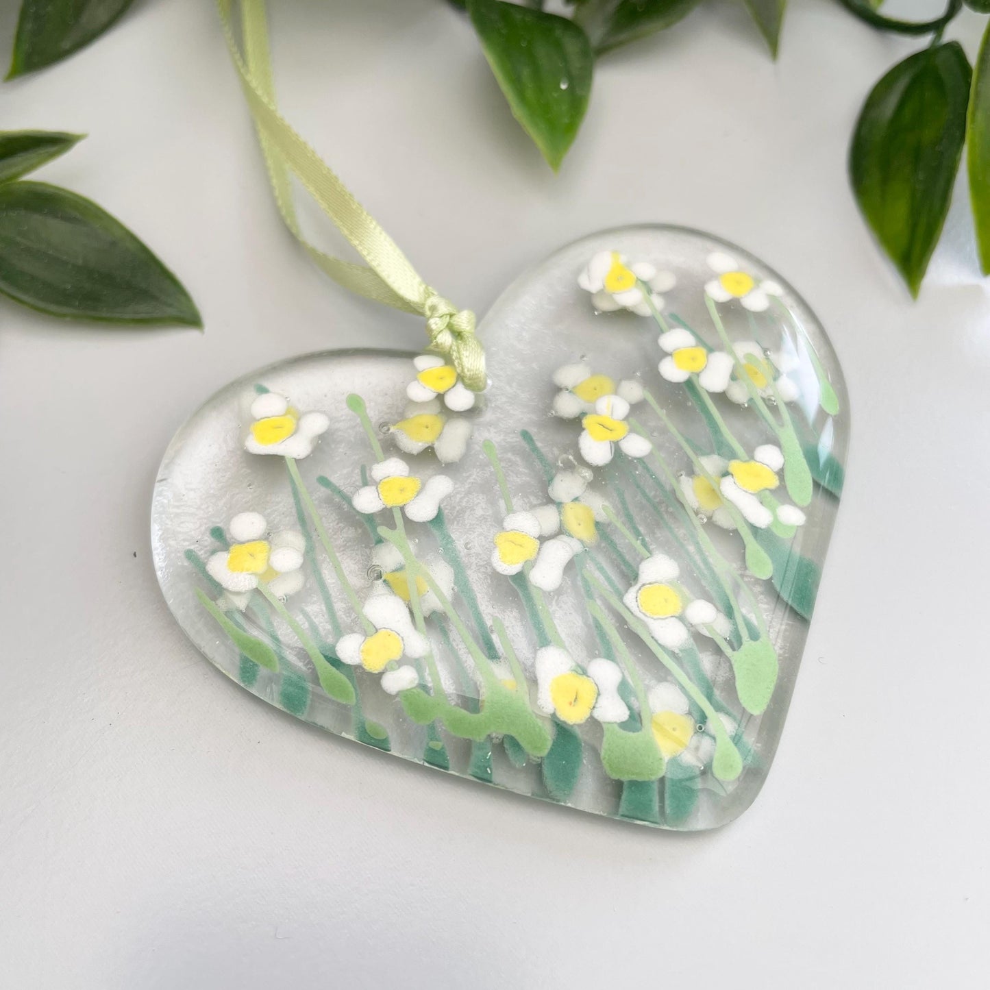 Fused glass hand painted heart hanger ~ White Daisy