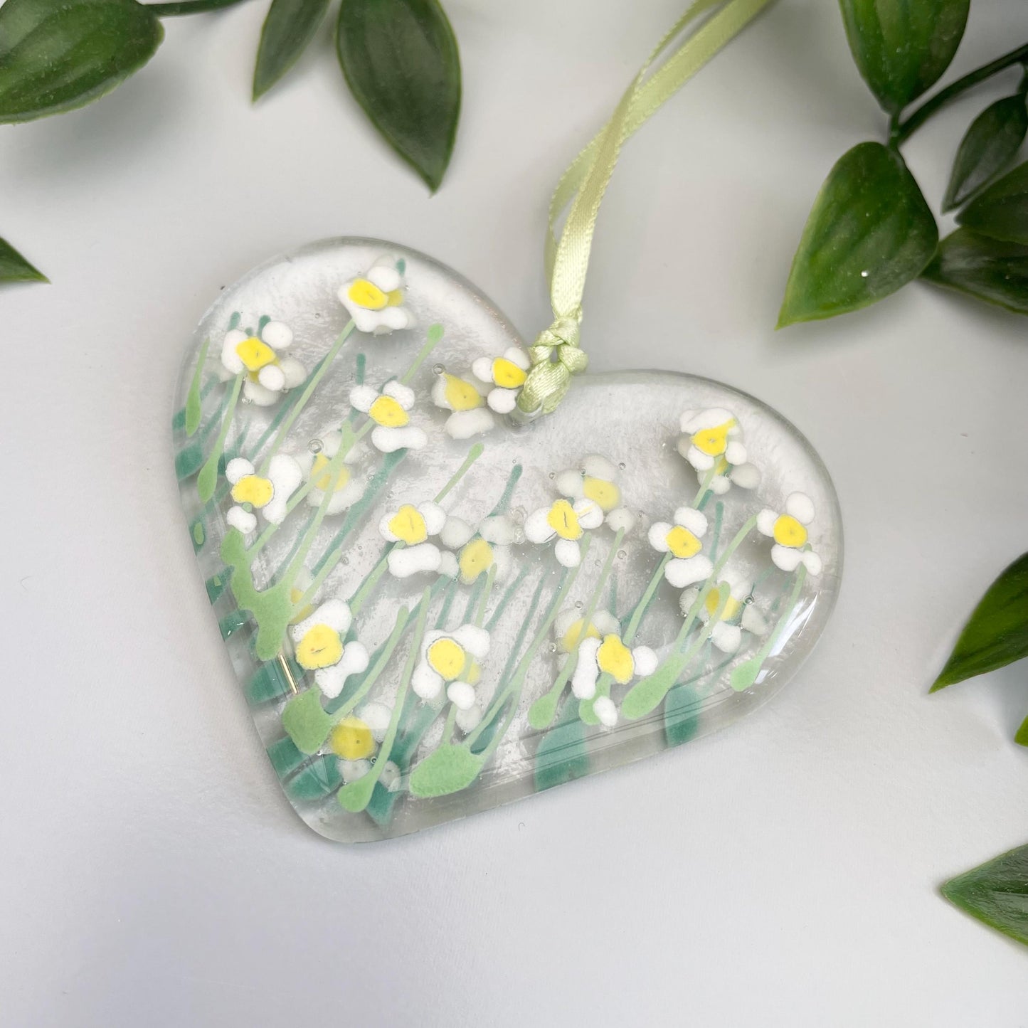 Fused glass hand painted heart hanger ~ White Daisy