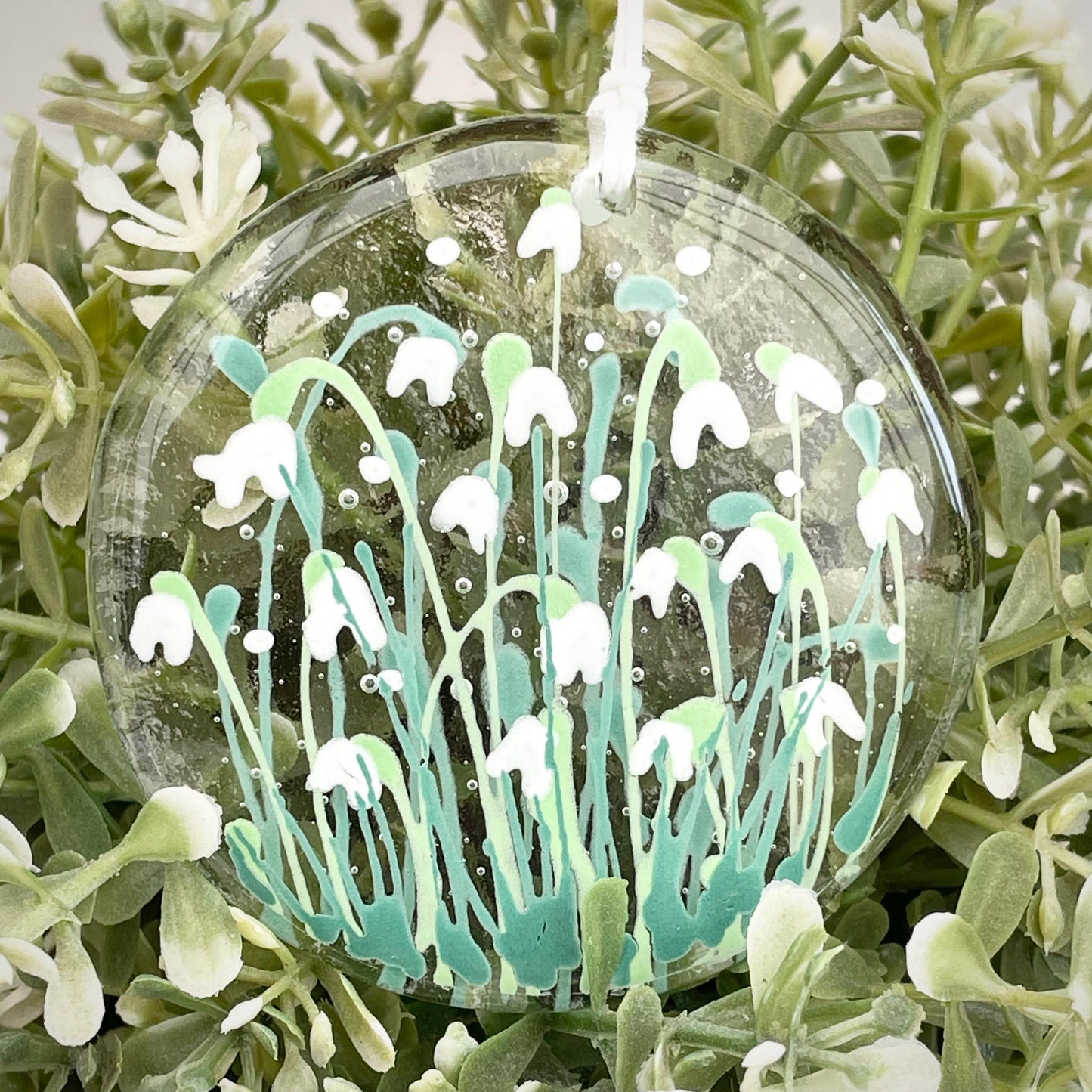 Snowdrops - hand painted fused glass round hanger