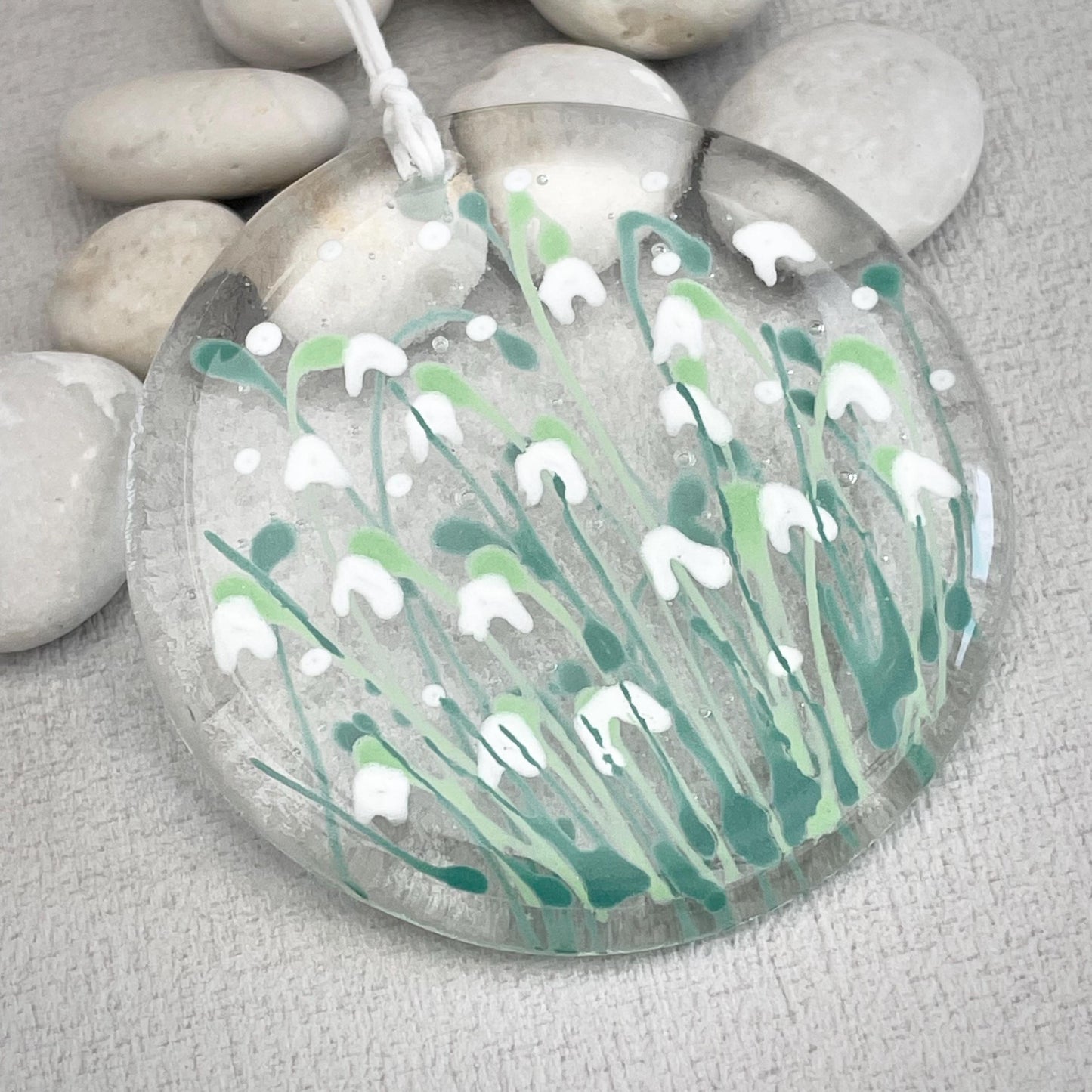 Snowdrops - hand painted fused glass round hanger