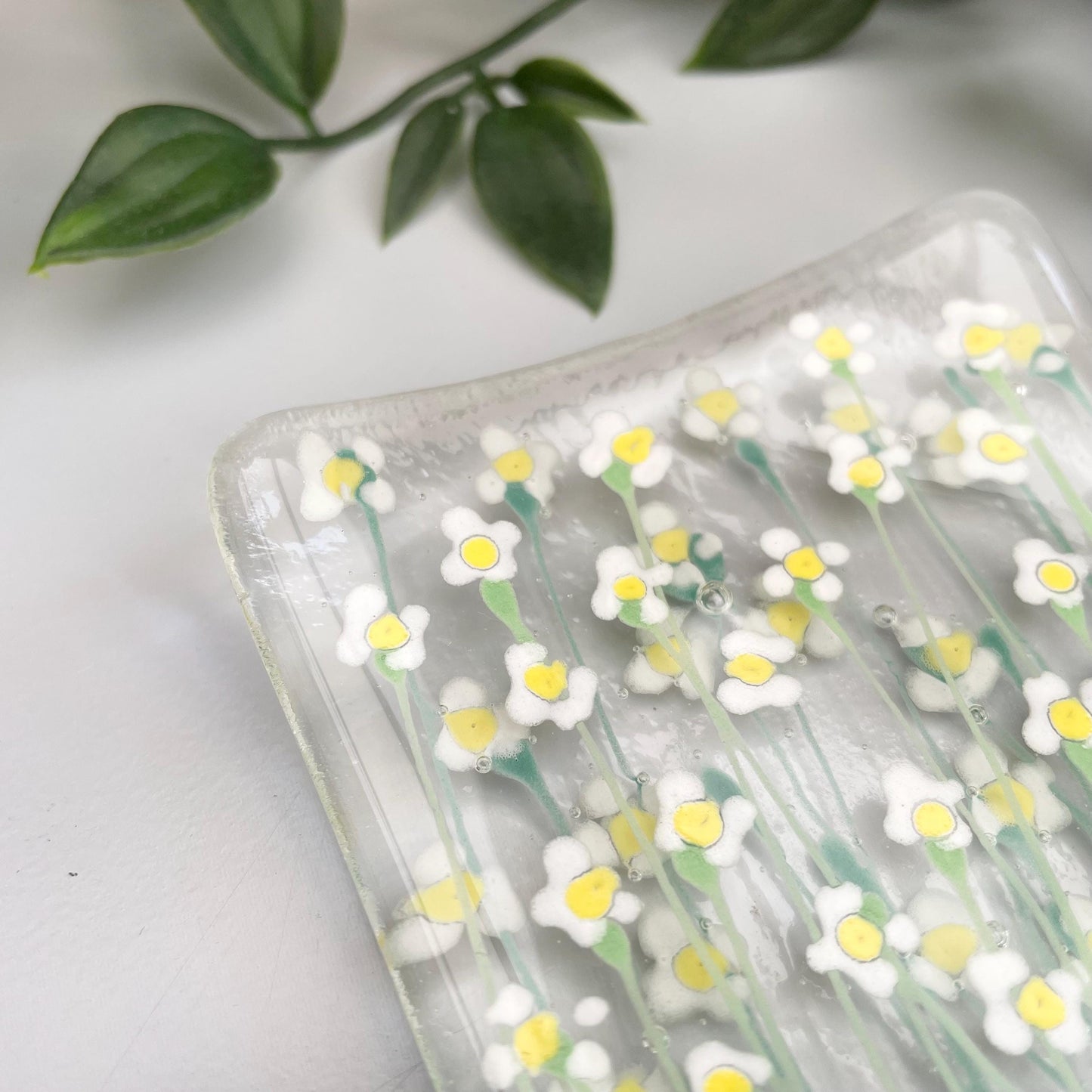 Fused glass hand painted dish ~ White Daisy