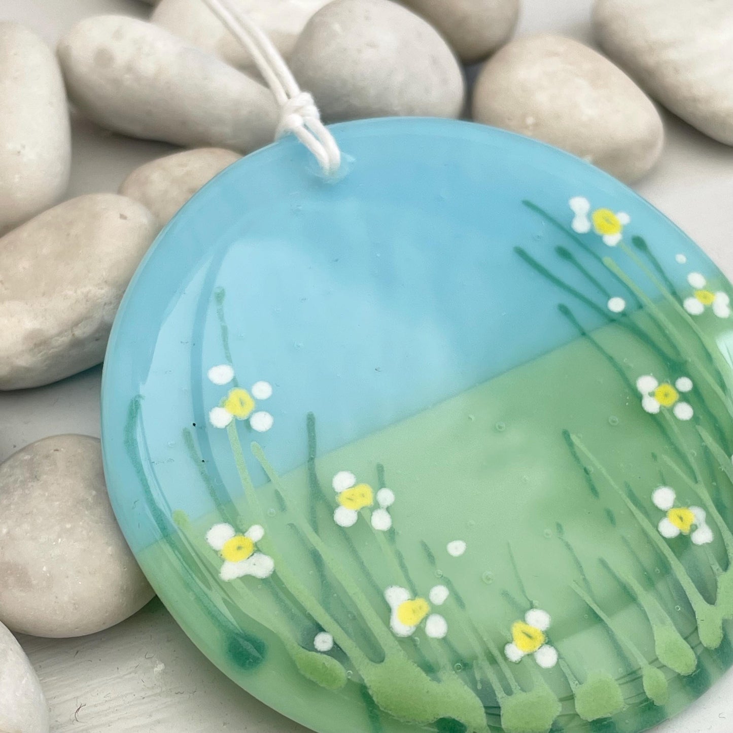 Fused glass hand painted round hanger - Daisy Meadow