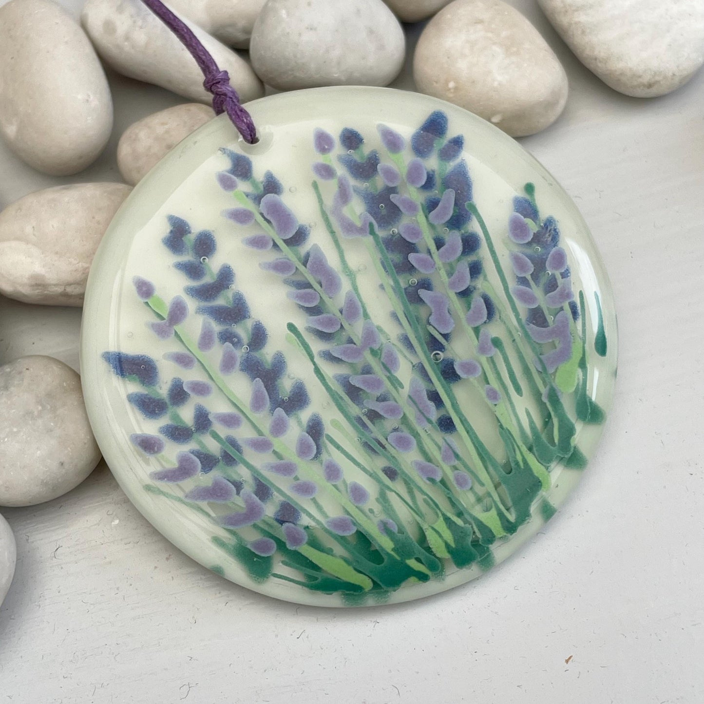 Fused glass hand painted round hanger ~ Lavender