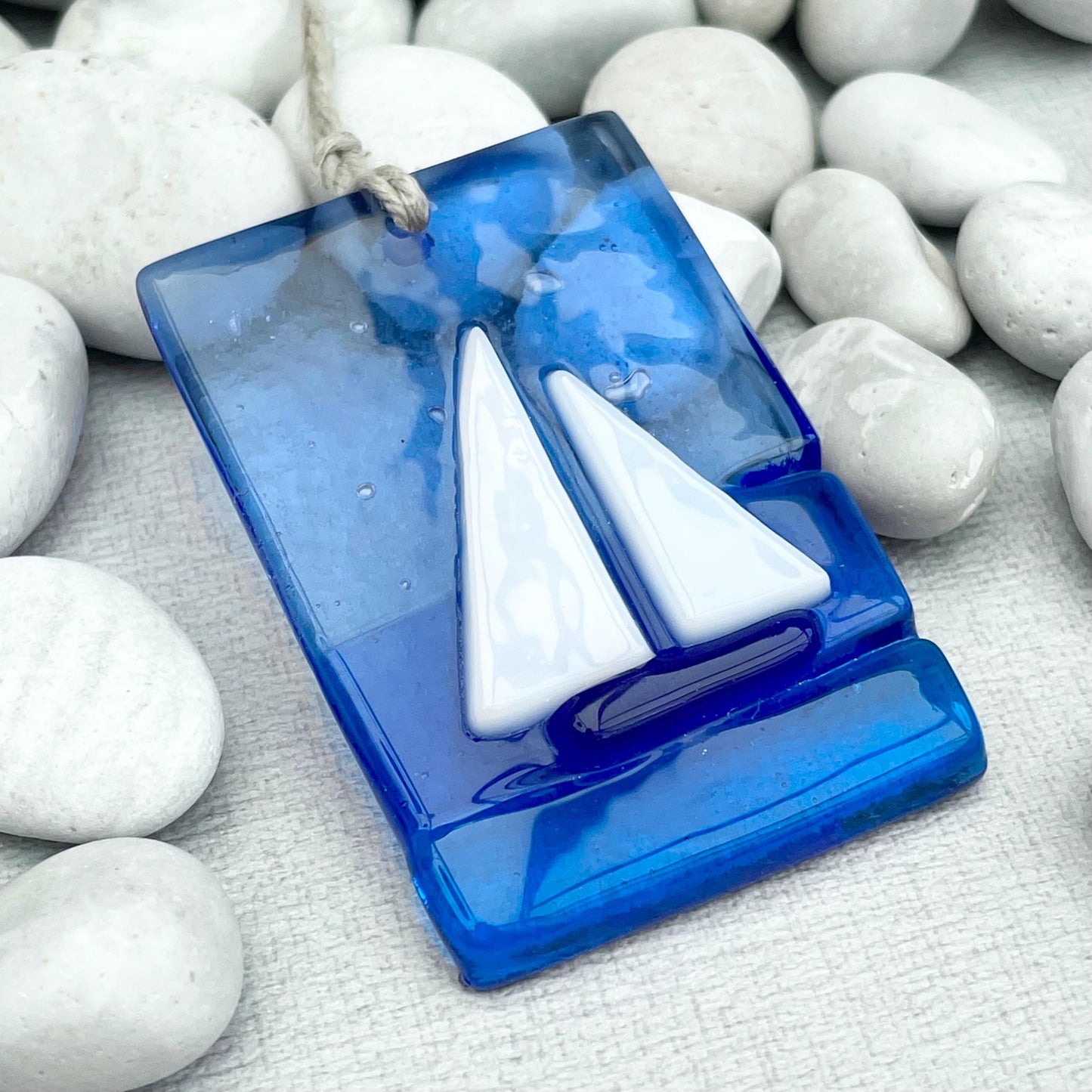Sailboat Suncatcher - cool ocean blue fused glass