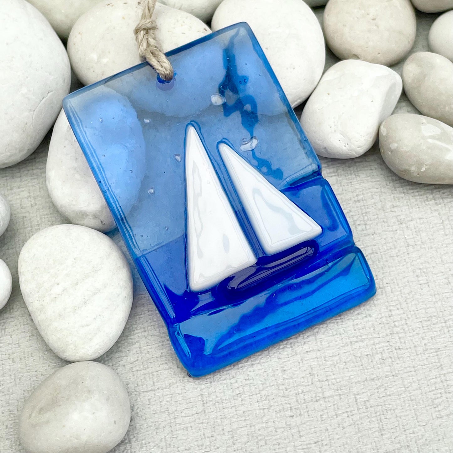 Sailboat Suncatcher - cool ocean blue fused glass