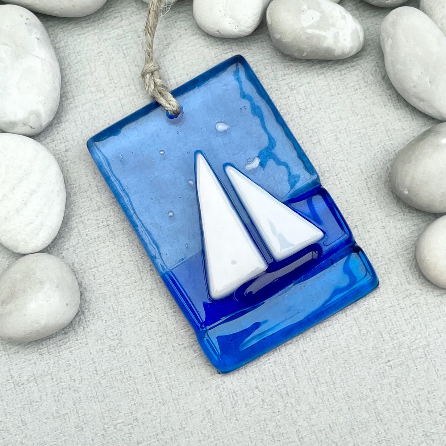 Sailboat Suncatcher - cool ocean blue fused glass