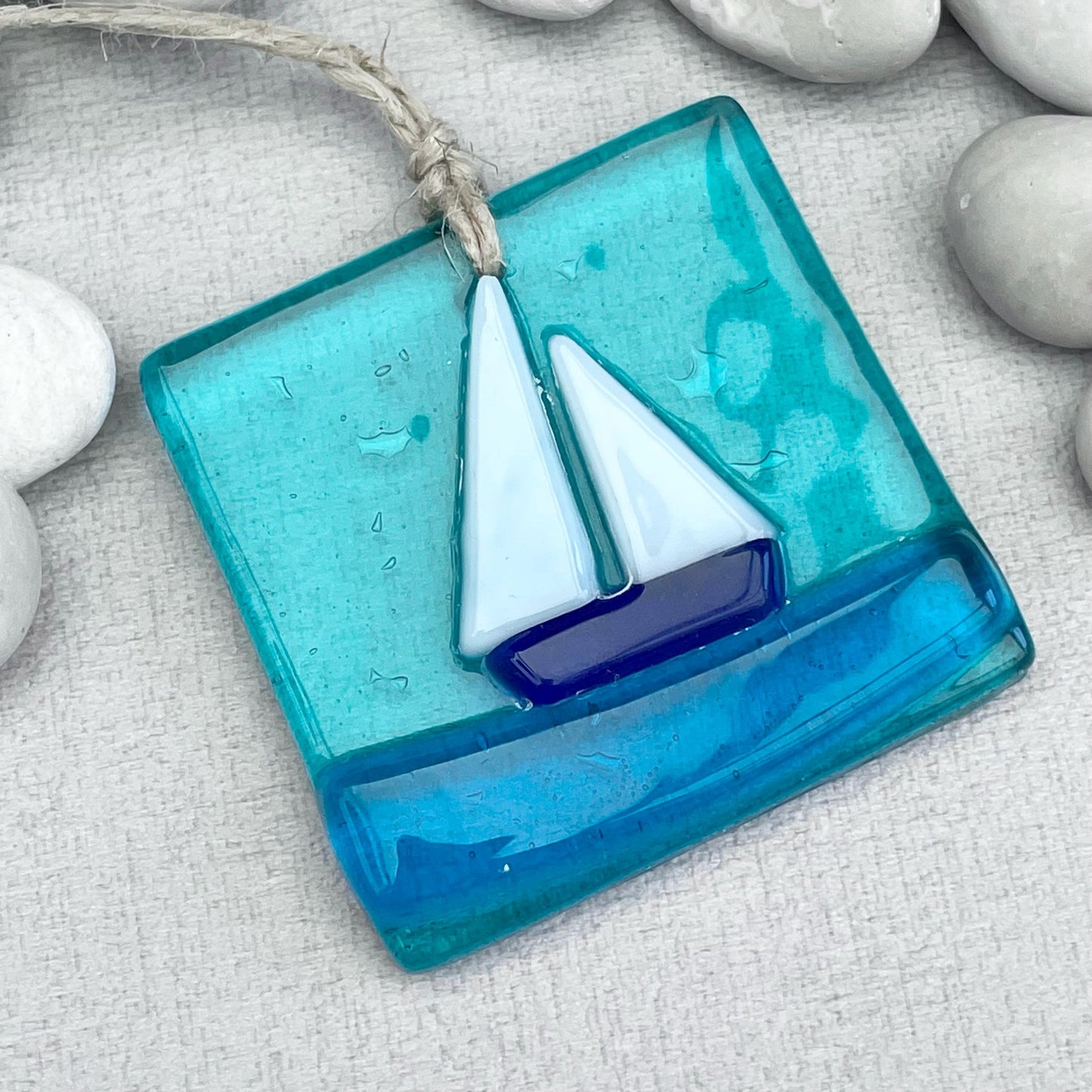 Sailboat Suncatcher - aqua blue fused glass