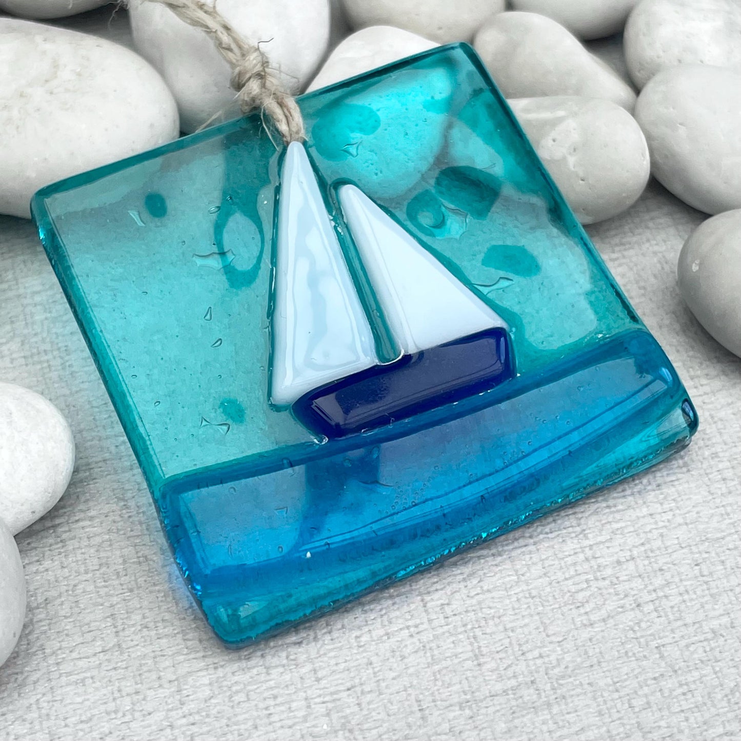 Sailboat Suncatcher - aqua blue fused glass