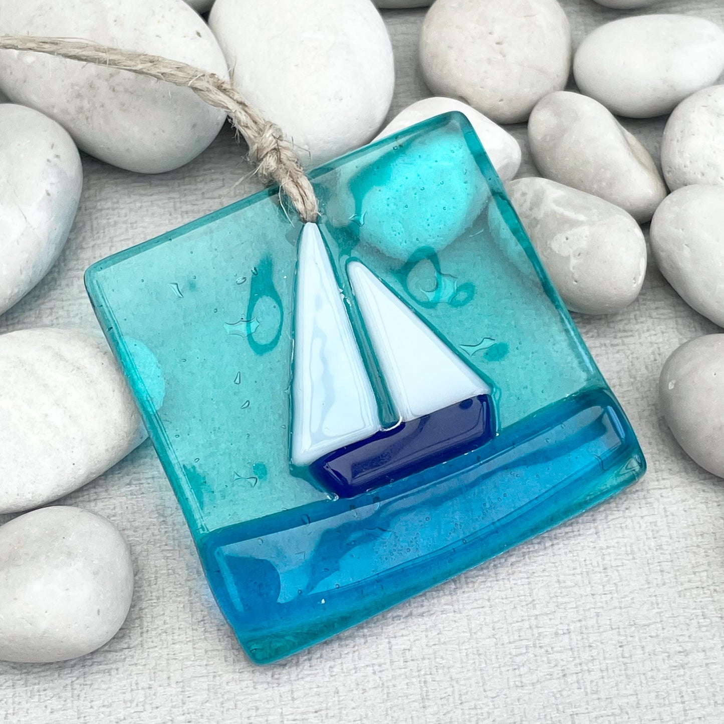 Sailboat Suncatcher - aqua blue fused glass