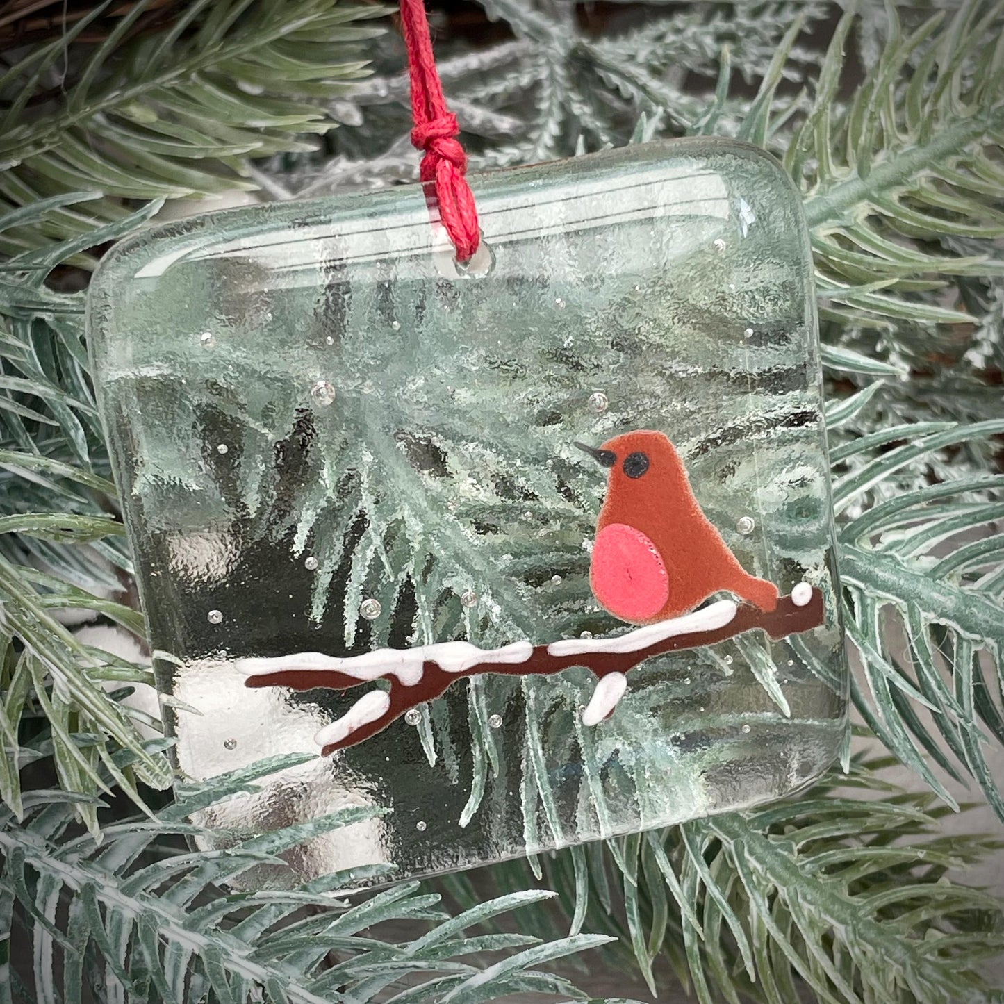 Robin on a snowy branch