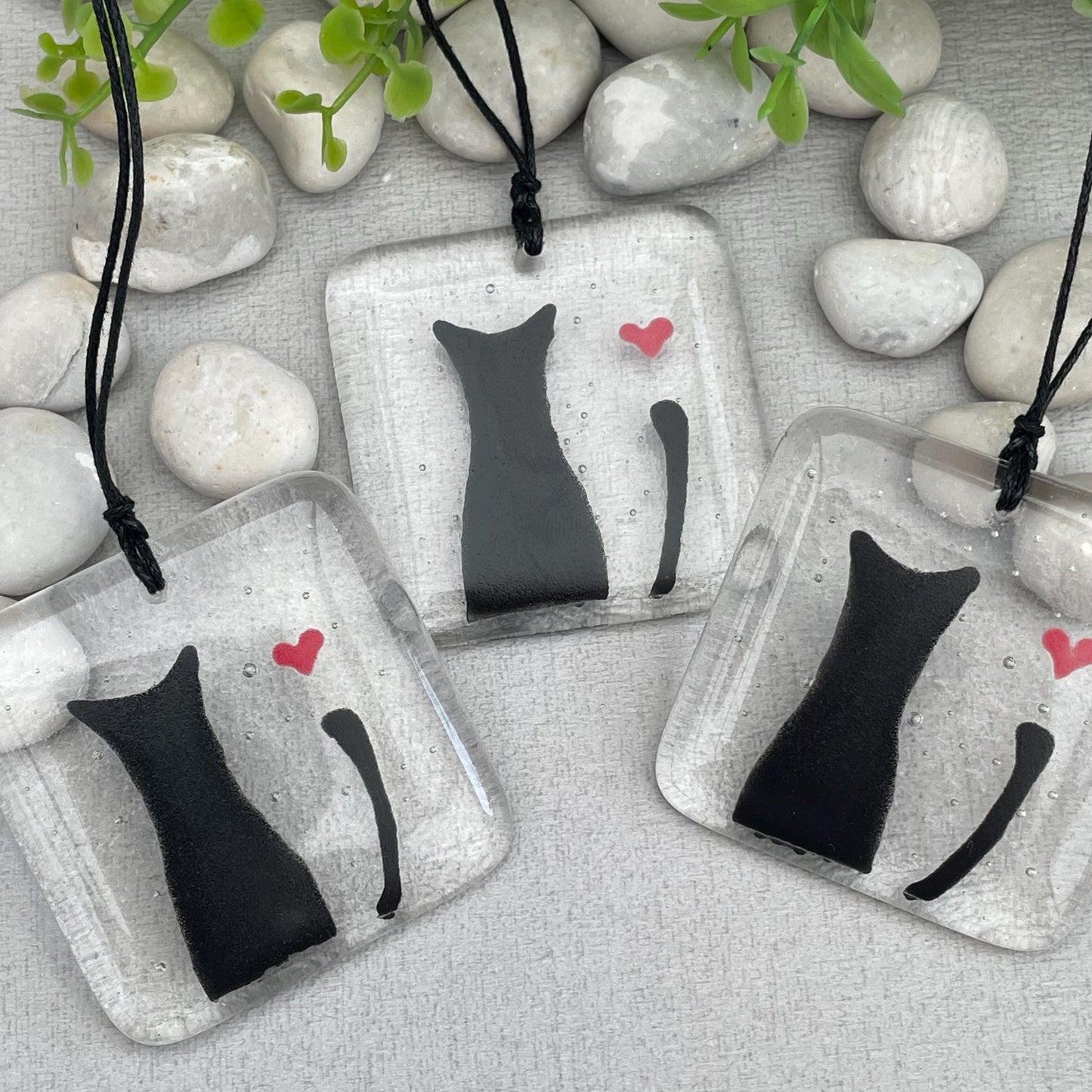 Love Cats - fused glass keepsake token of a black cat and love heart