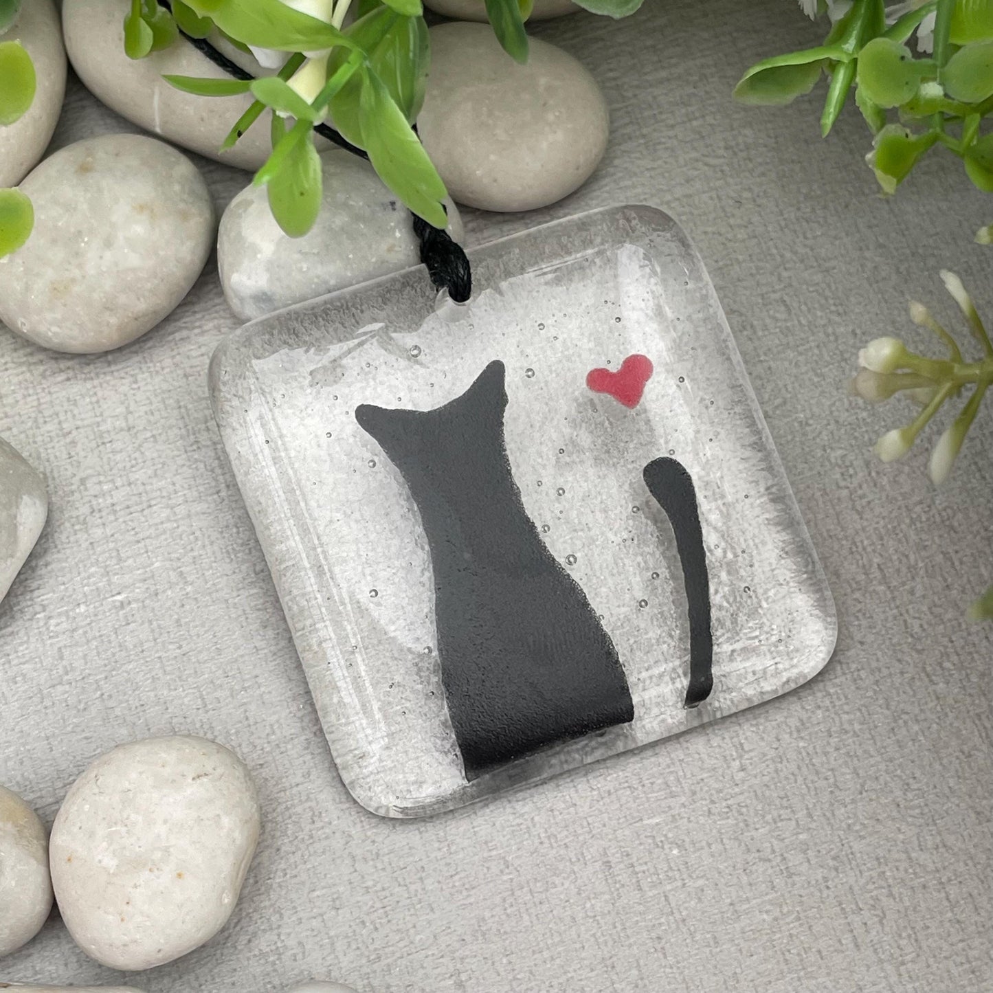 Love Cats - fused glass keepsake token of a black cat and love heart