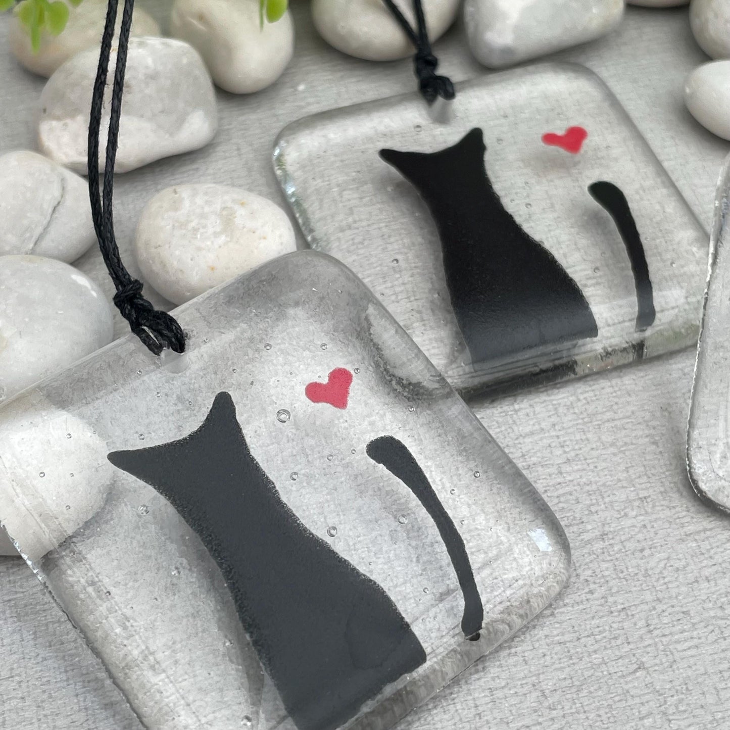 Love Cats - fused glass keepsake token of a black cat and love heart