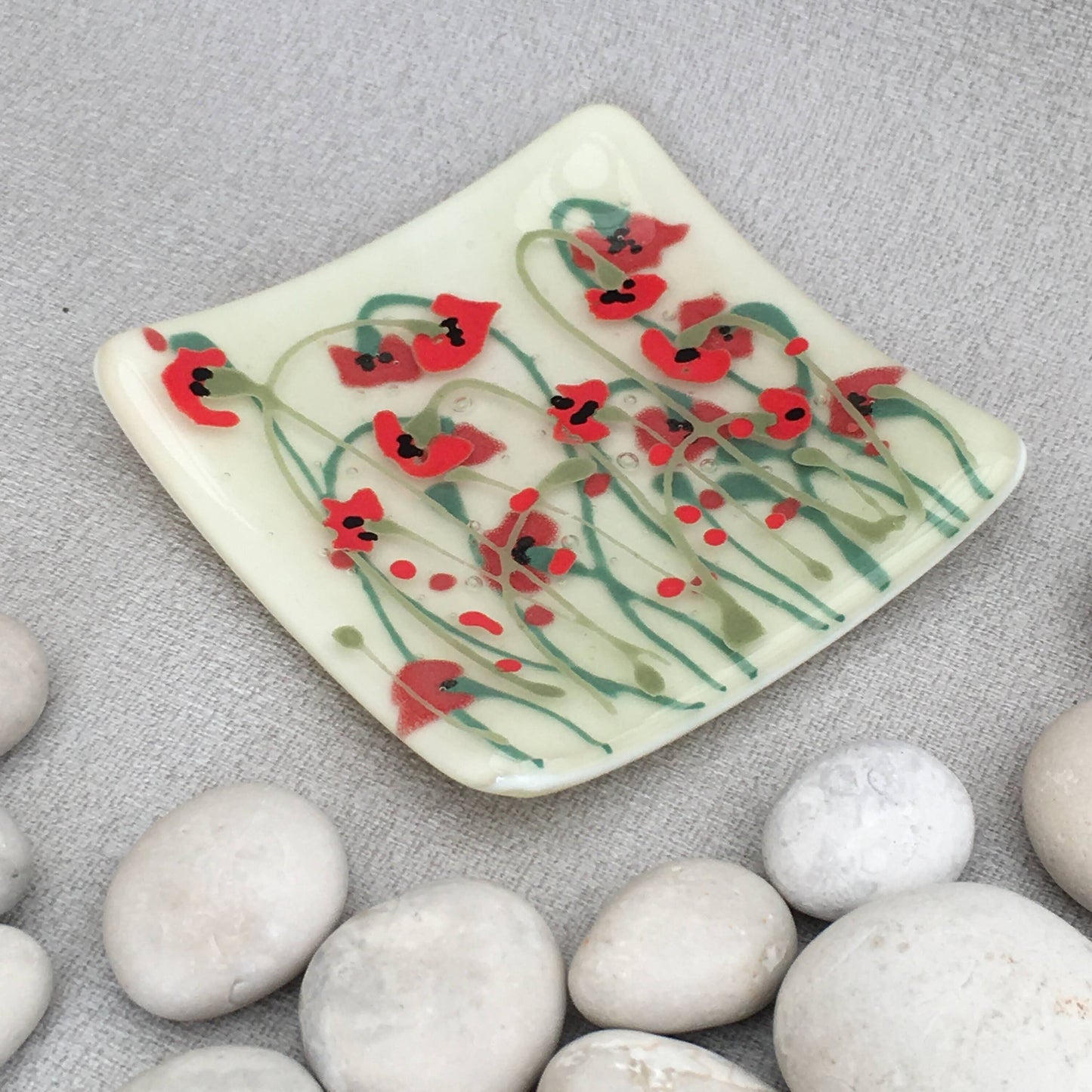 Fused glass hand painted poppy field dish
