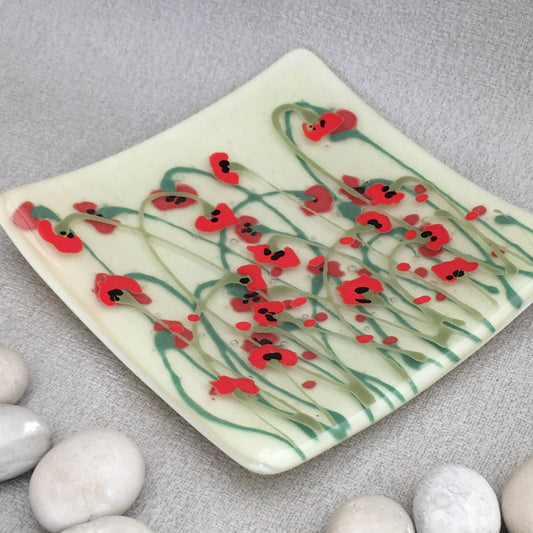 Fused glass hand painted poppy field dish