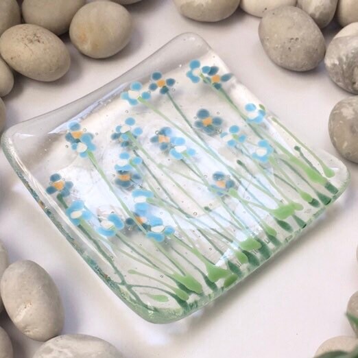 Fused glass hand painted Forget Me Not floral Dish