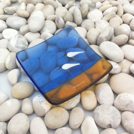 Fused glass hand painted Sea Bird Dish ~ Blue