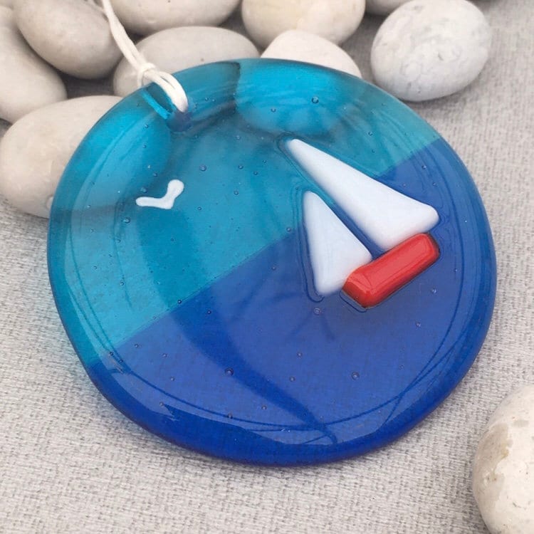 Fused glass hanger ~ seascape ocean yacht round portal