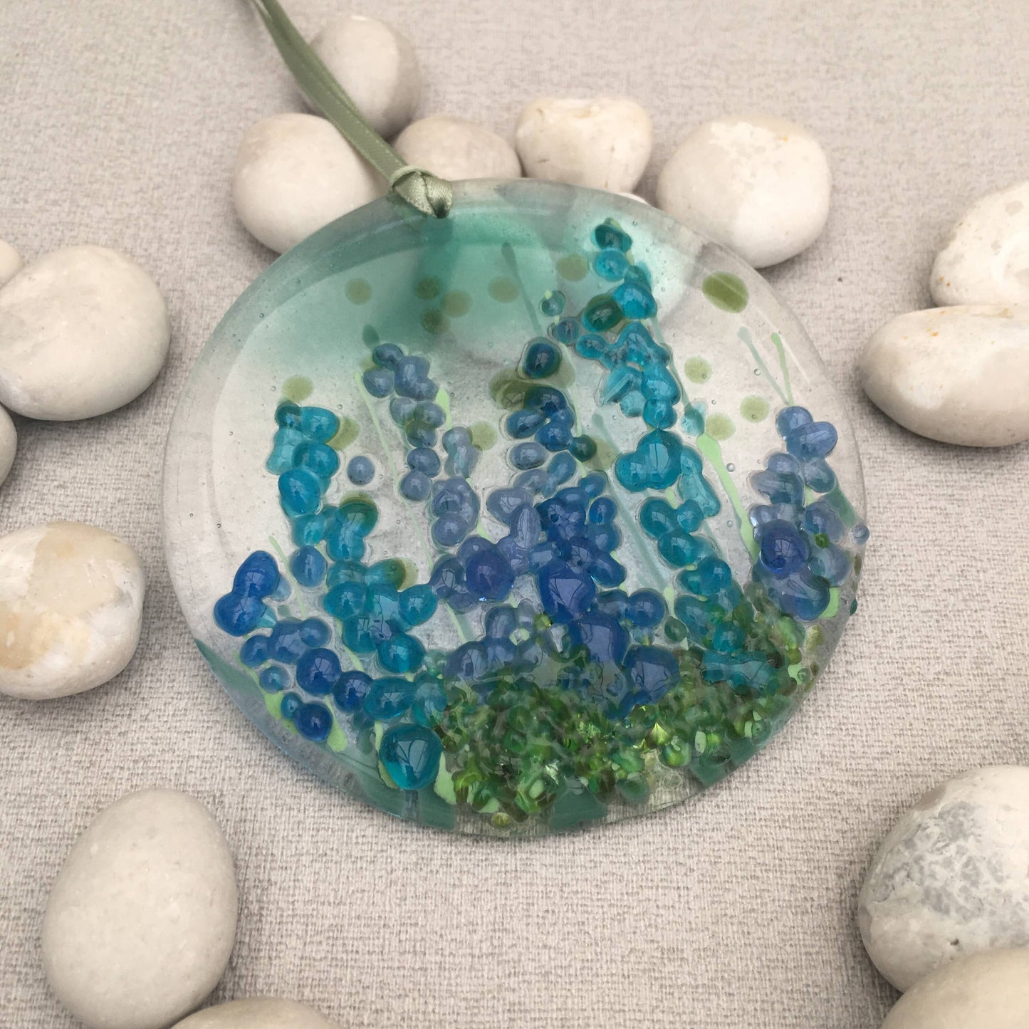 Fused glass Delphinium window hanger