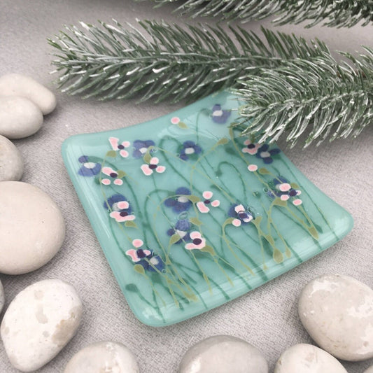 Fused glass hand painted Viola Garden dish