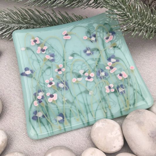 Fused glass hand painted Viola Garden dish