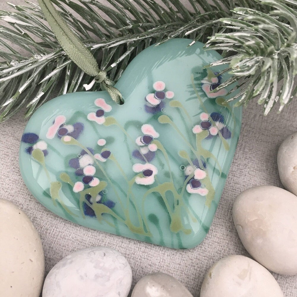 Fused glass hand painted Viola Garden heart