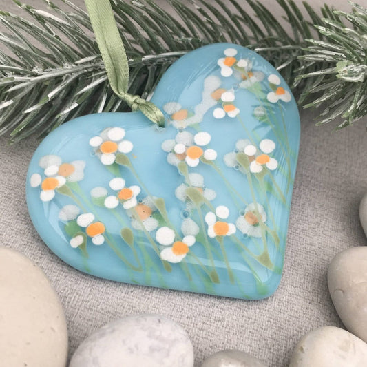 Fused glass hand painted daisy meadow heart