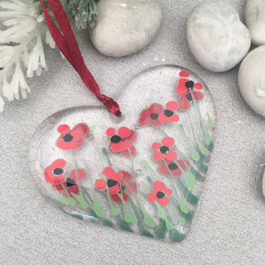 Fused glass hand painted poppy heart ~ clear glass hanger