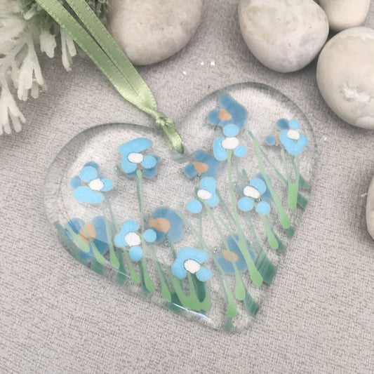 Fused glass hand painted forget-me-not heart ~ clear glass hanger