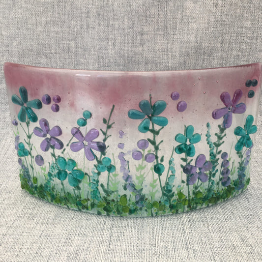 Fused glass free standing floral curve in sweet pink and turquoise 1/2