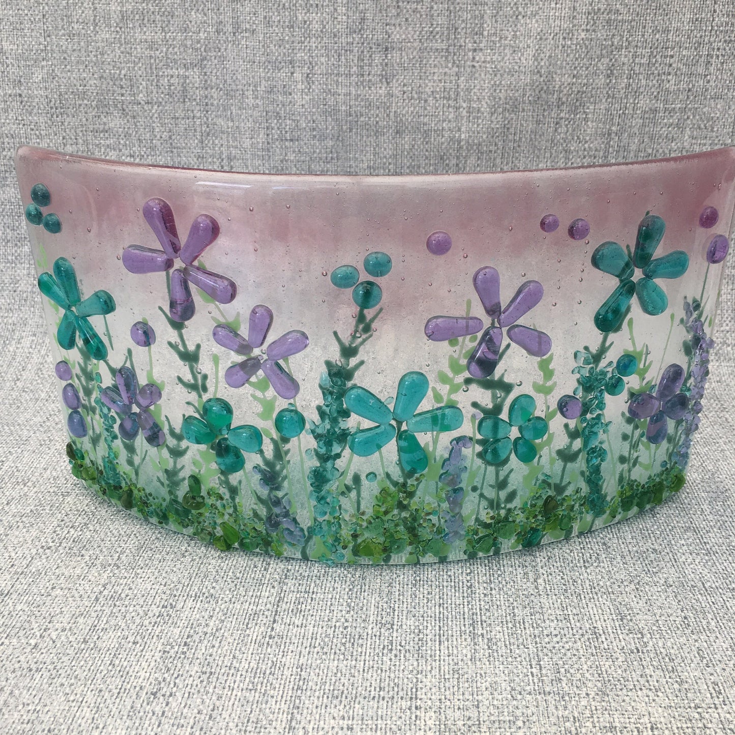 Fused glass free standing floral curve in sweet pink and turquoise 2/2