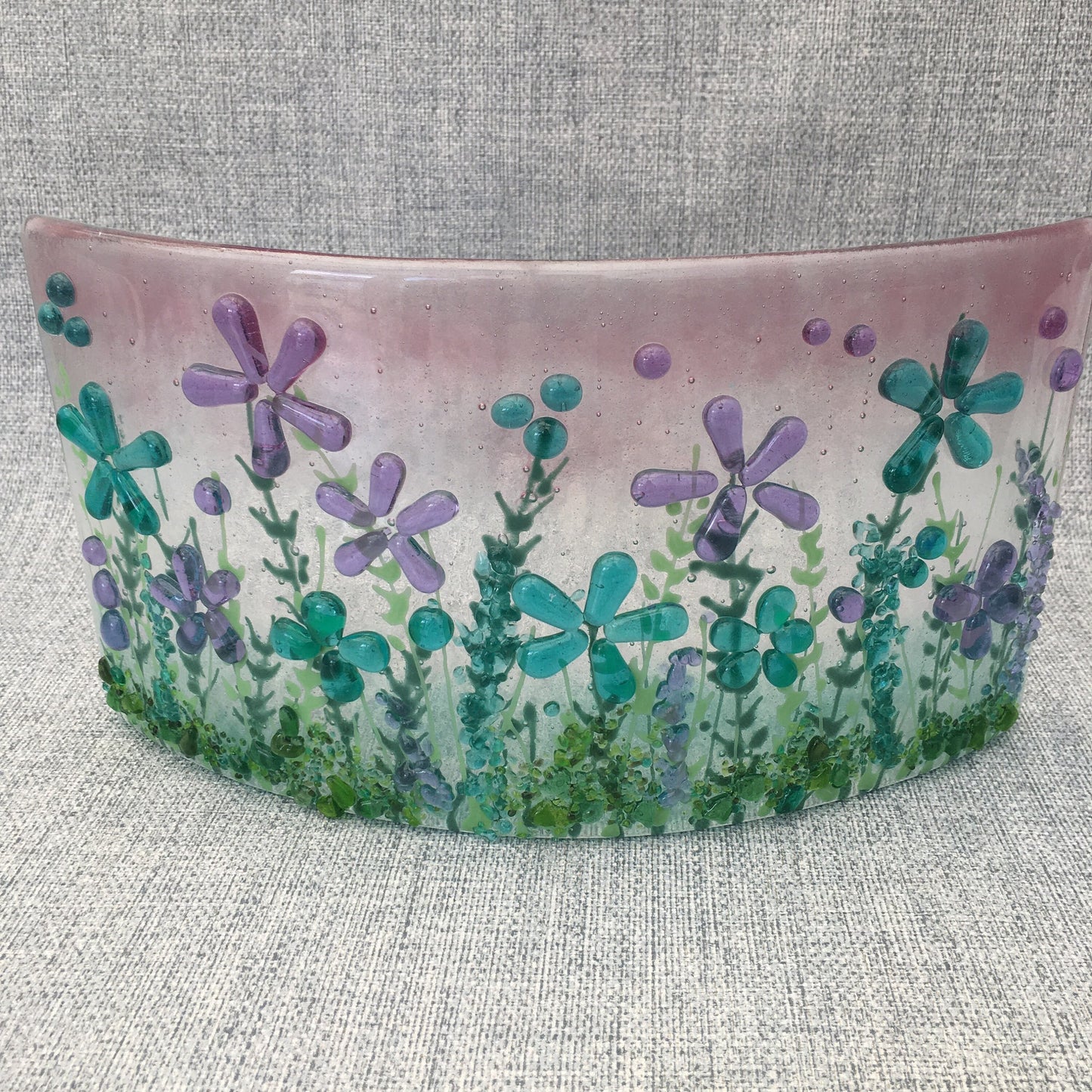 Fused glass free standing floral curve in sweet pink and turquoise 2/2