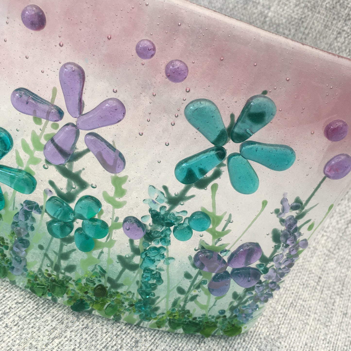 Fused glass free standing floral curve in sweet pink and turquoise 2/2