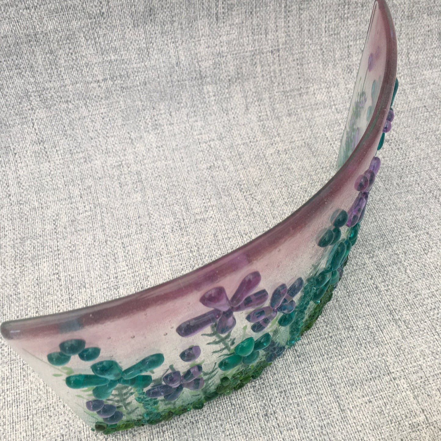 Fused glass free standing floral curve in sweet pink and turquoise 2/2